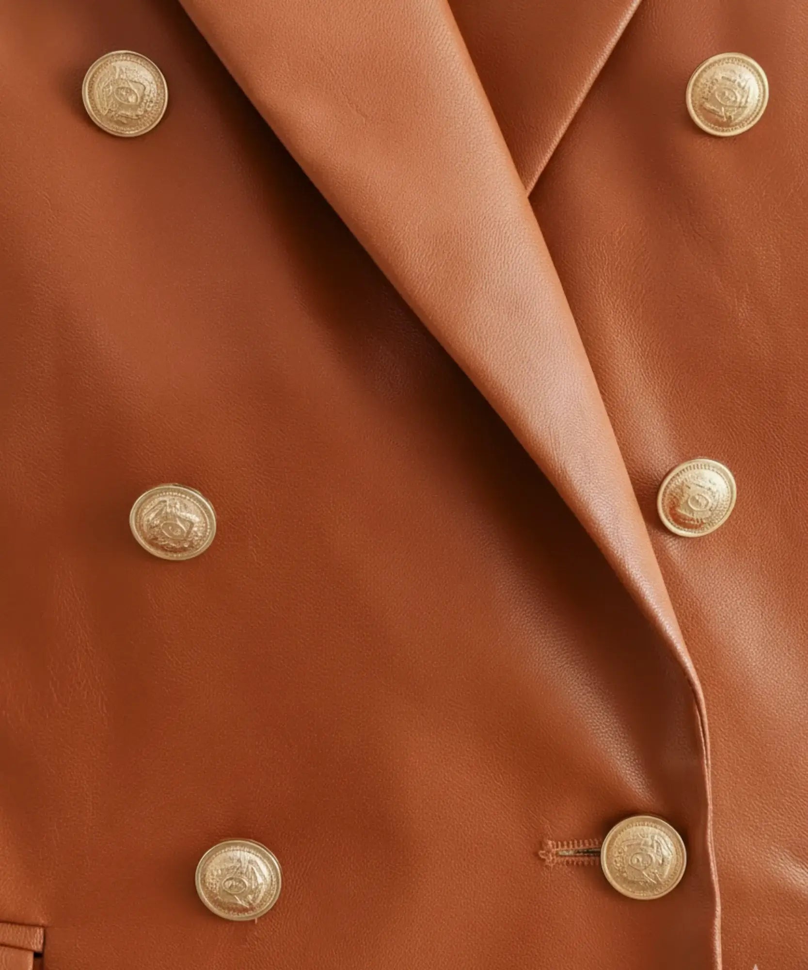 Women's leather blazer with gold buttons, cuff detail