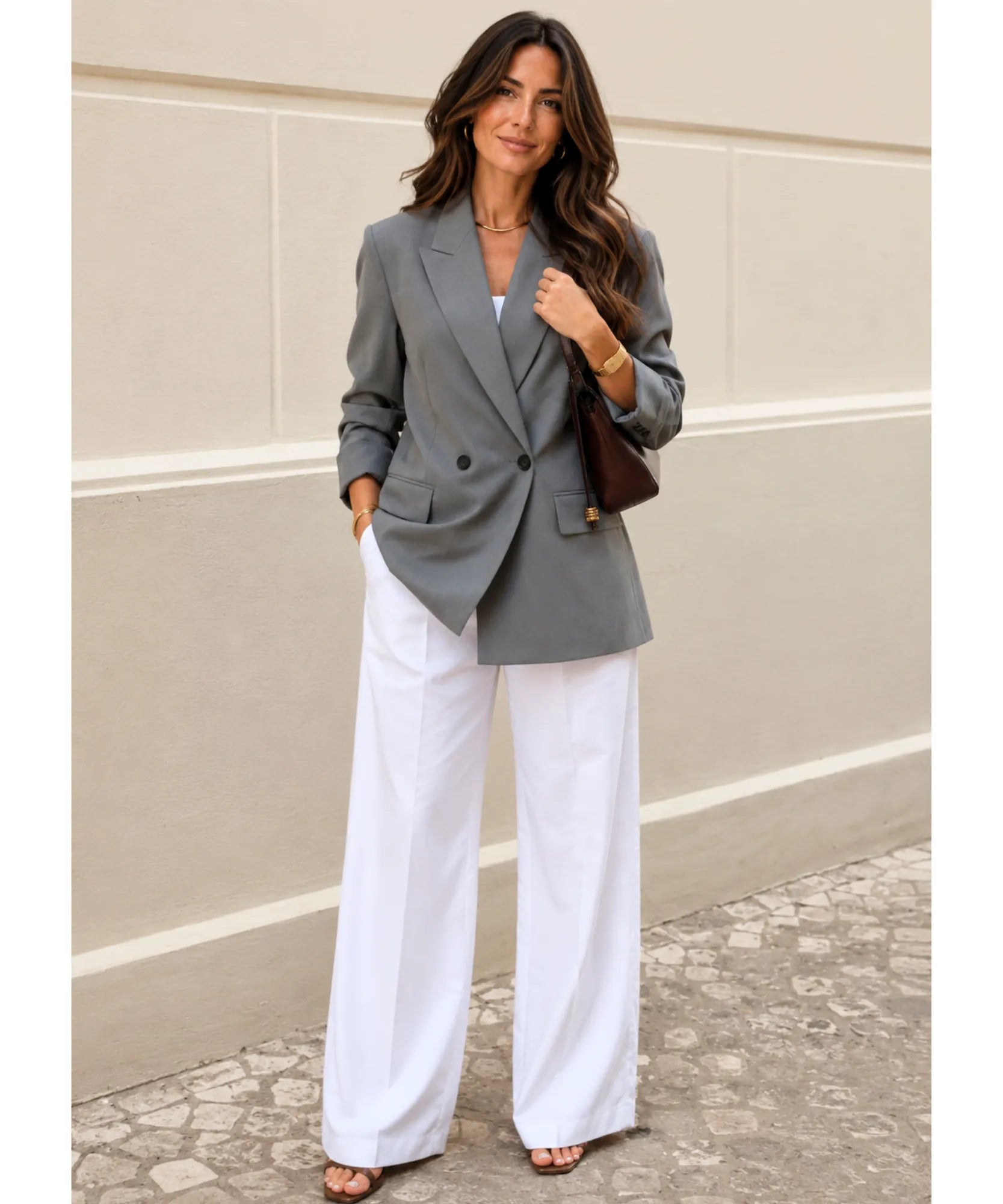 Grey tailored blazer, full length look