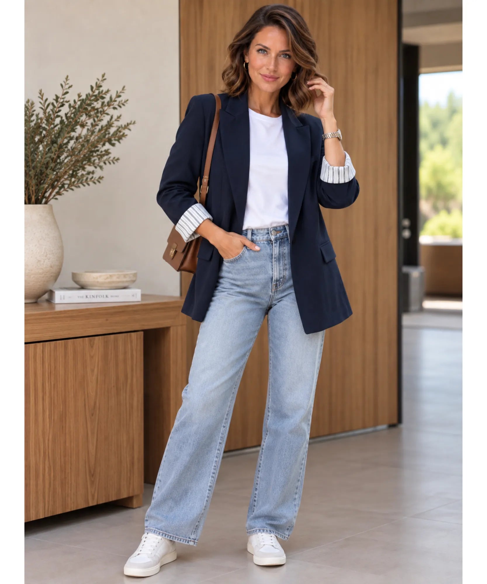 Women's navy linen blend blazer, full length view with striped cuffs