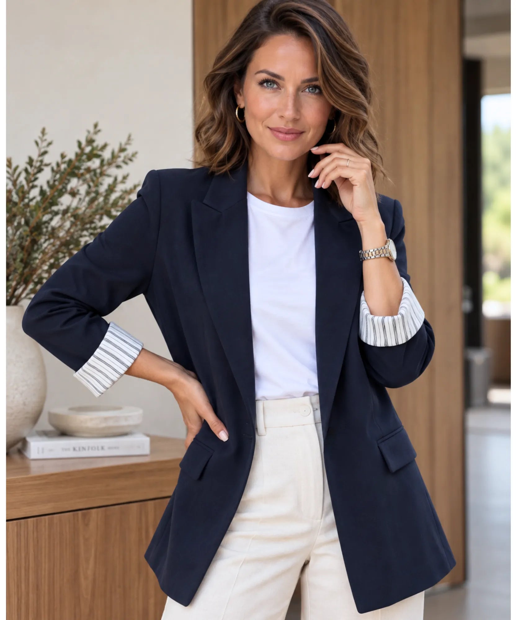 Women's navy linen blend blazer with striped three quarter cuffs, front view