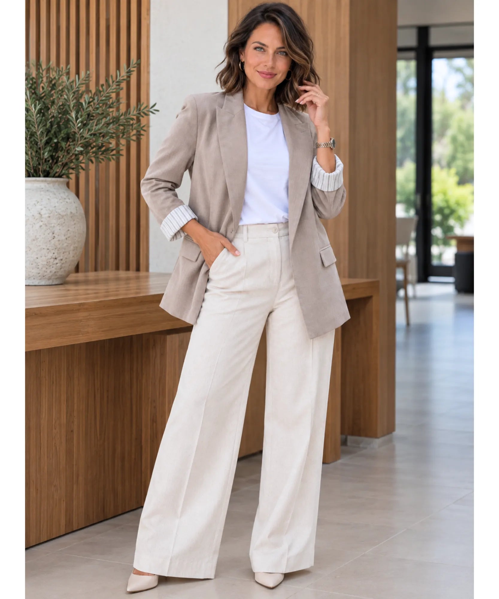 Women's taupe linen blend blazer, full length view with cream trousers