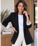 Women's black linen blend blazer with striped cuffs, front view