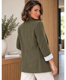 Back view of a women's olive green linen blend blazer with striped cuff lining