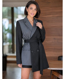 Black and Grey pinstripe belted blazer, front view with tie belt