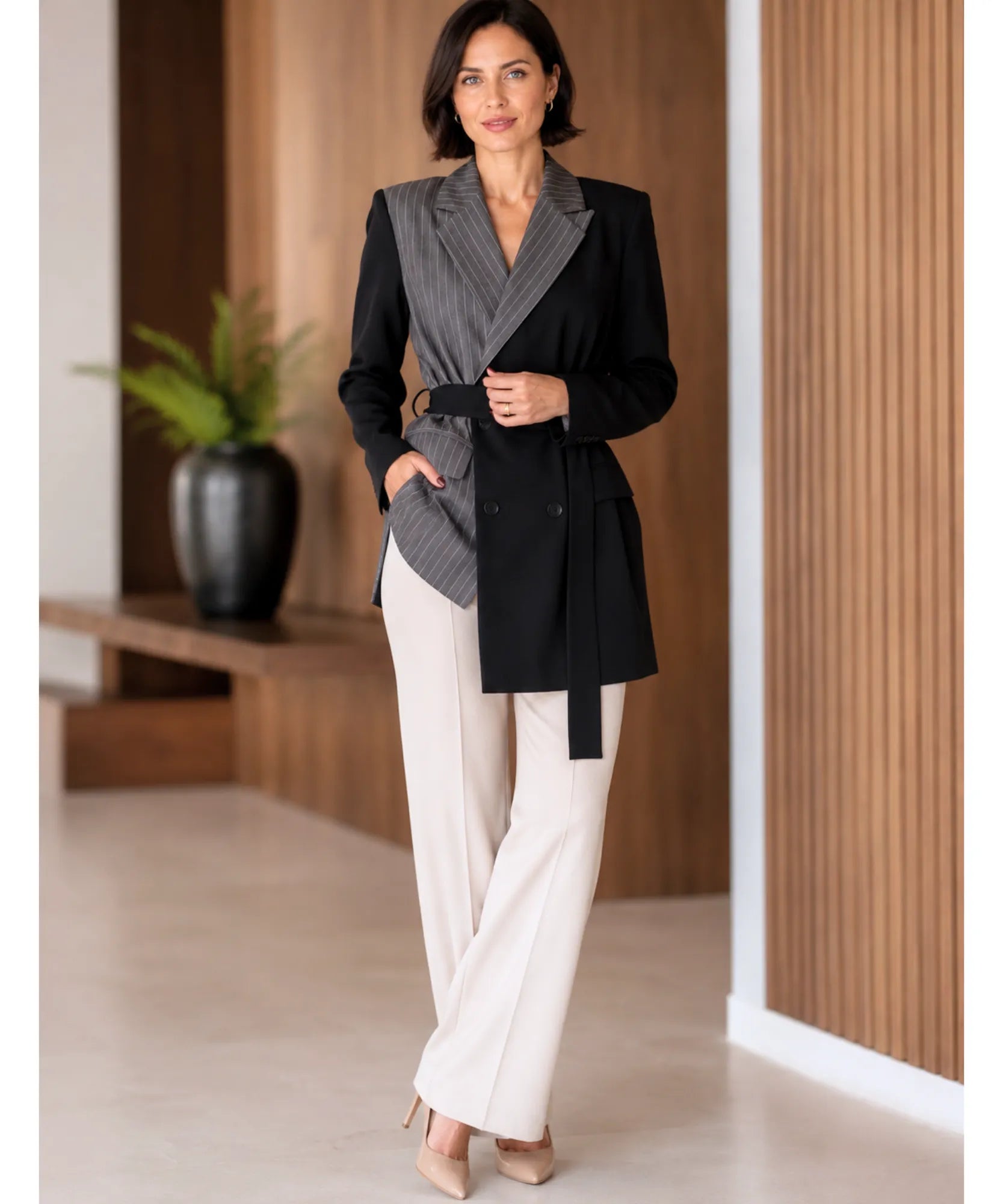 Belted pinstripe blazer styled with wide leg pants
