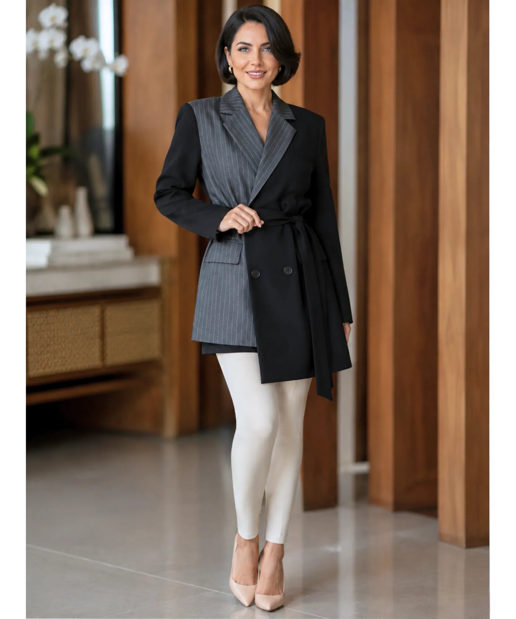 Belted pinstripe blazer styled with light pants and nude heels