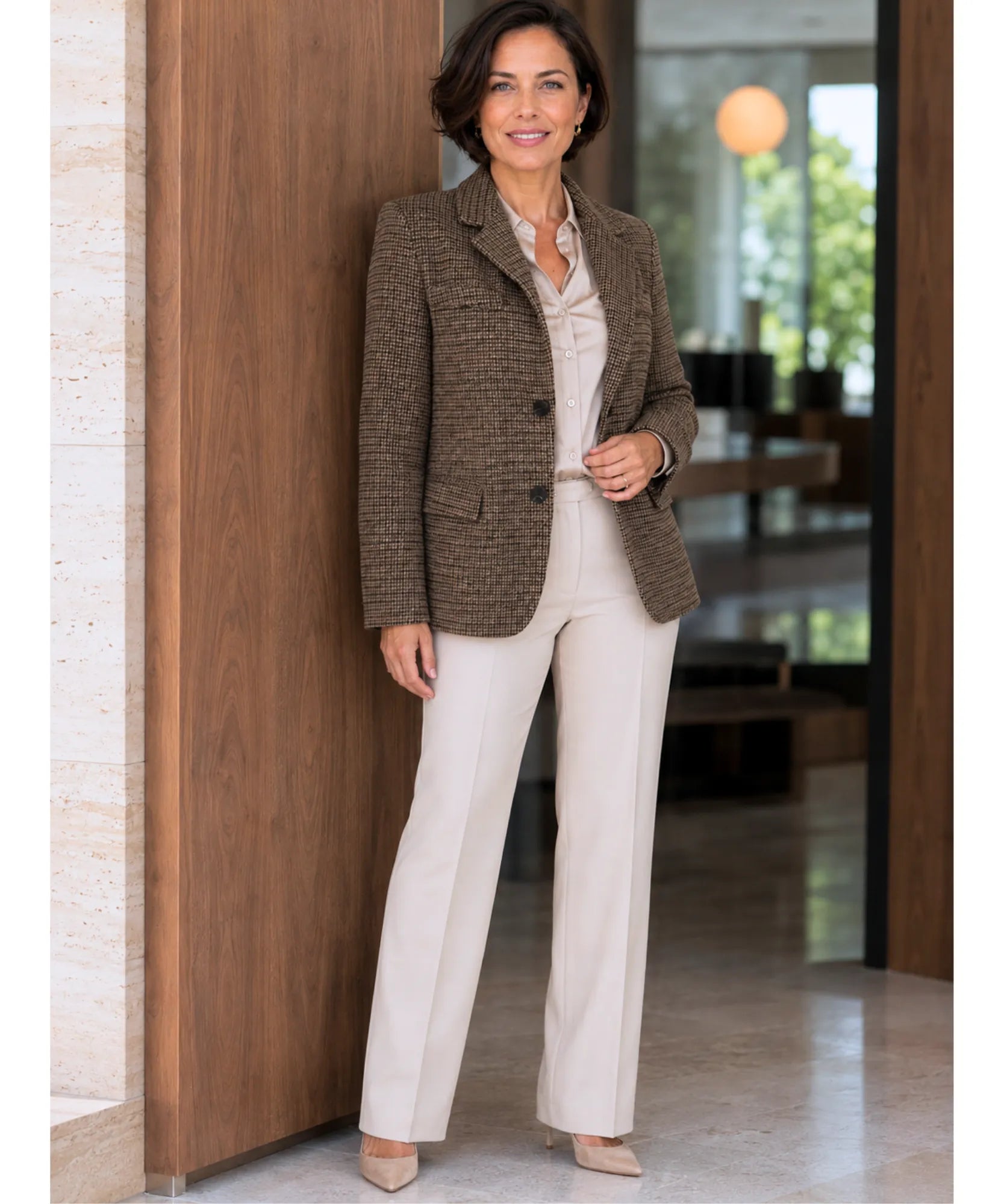 Brown houndstooth tweed blazer with ivory pants, full length look