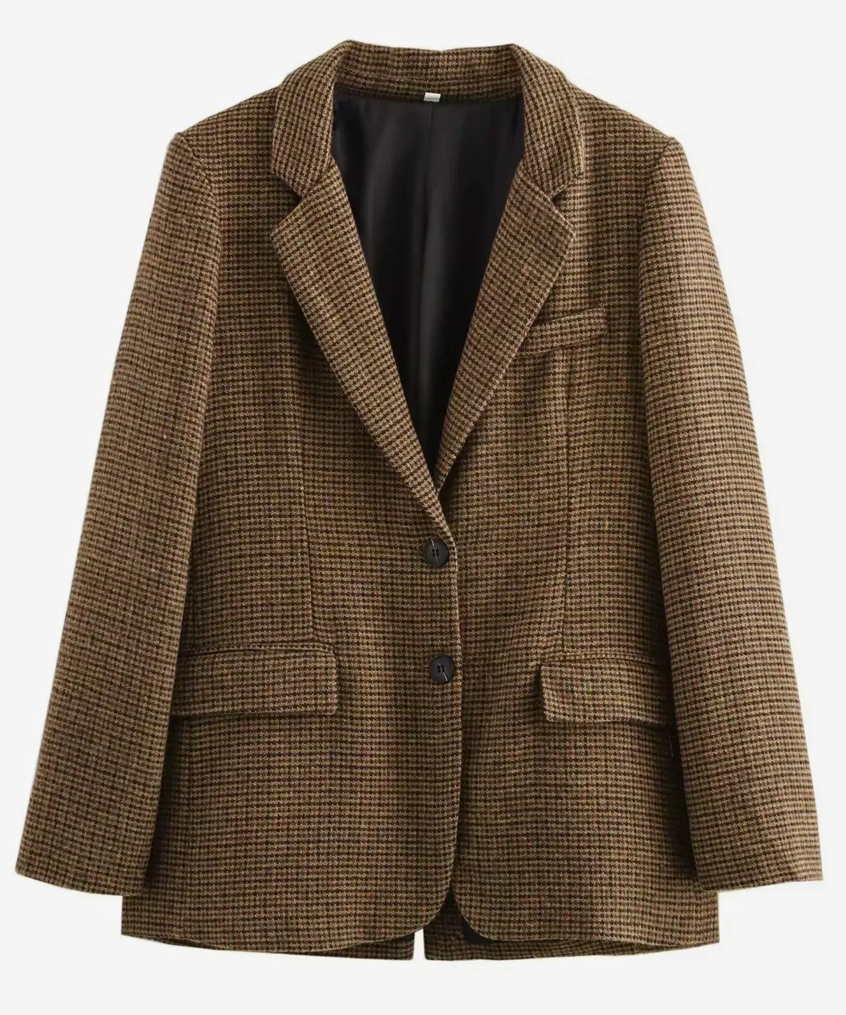 Brown houndstooth tweed blazer, flat product shot with dark lining