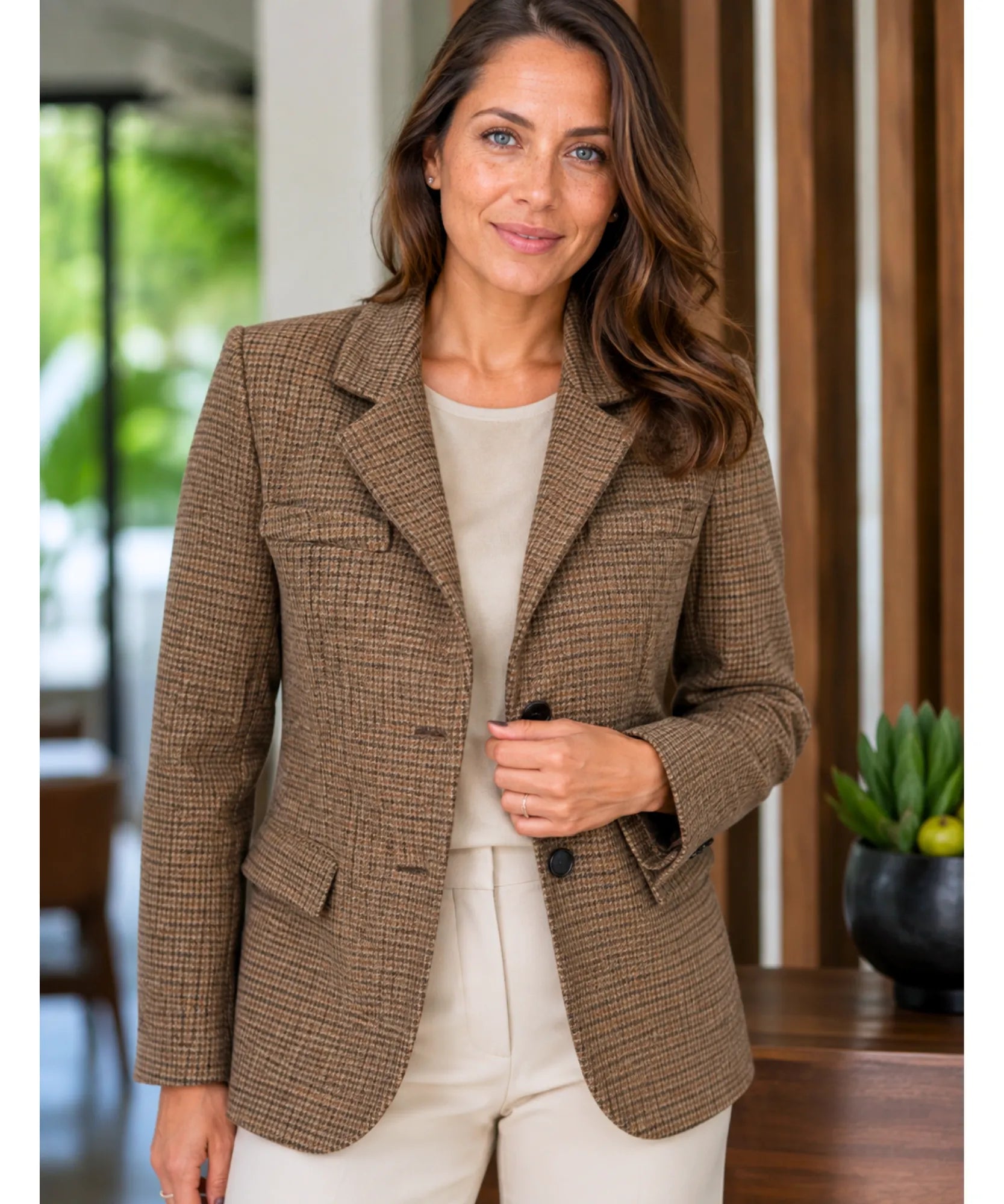 Brown houndstooth tweed blazer with notch lapels, hand on button