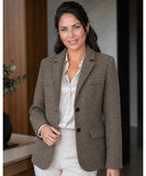 Brown houndstooth tweed blazer with a two button closure
