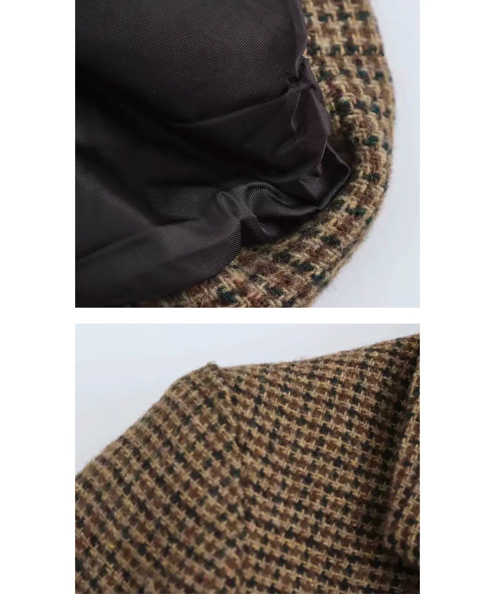 Close up of the lining and the houndstooth tweed weave of the brown blazer