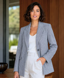 Grey structured herringbone blazer with one button, front view