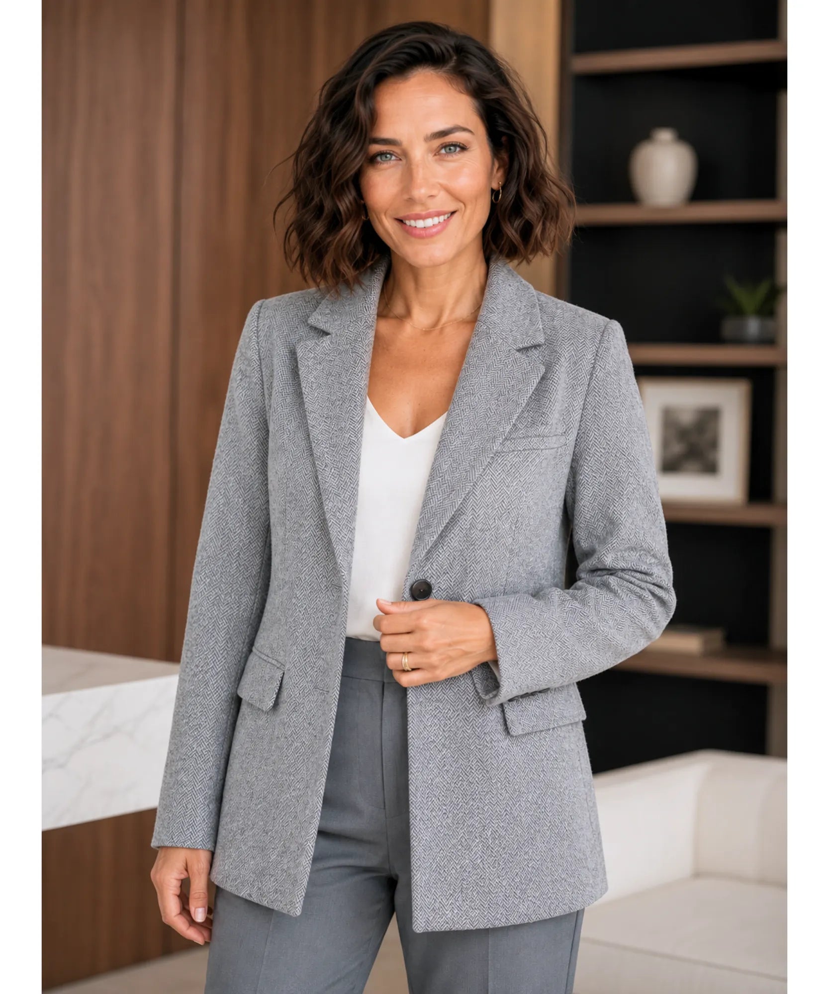 Grey herringbone blazer with notch lapels