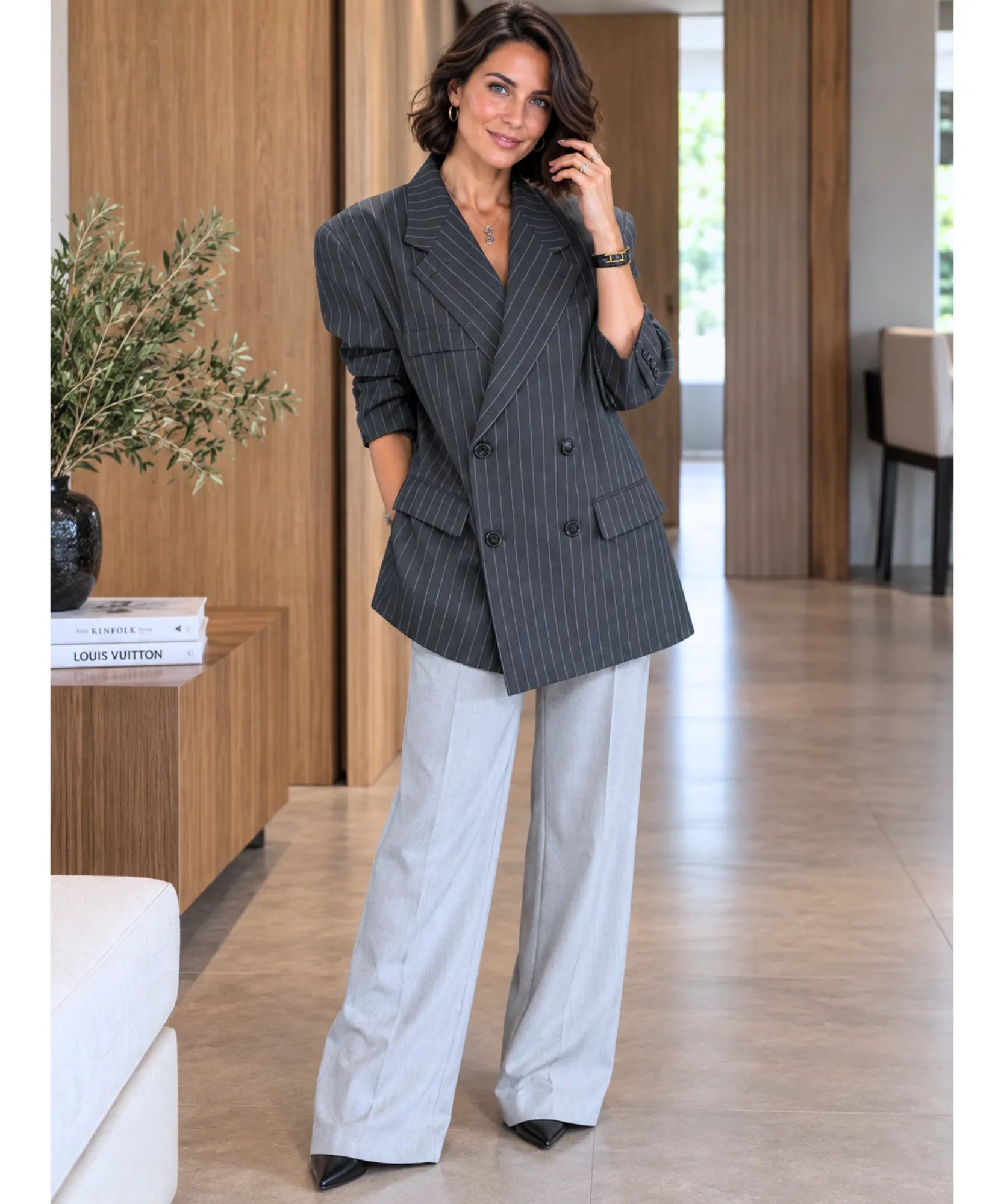 Charcoal pinstripe oversized double breasted blazer, full length front view