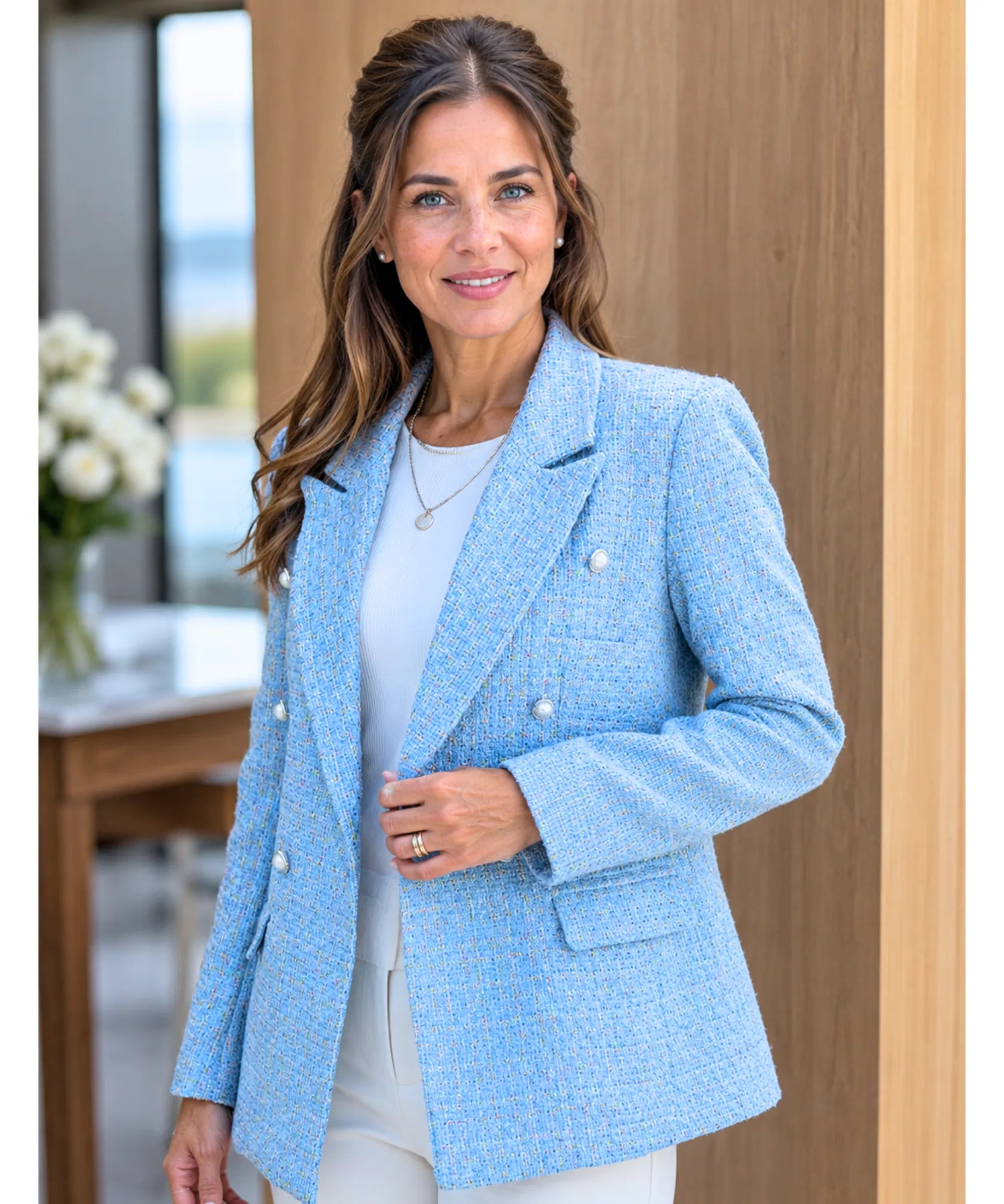 Light Blue double breasted tweed blazer with gold buttons