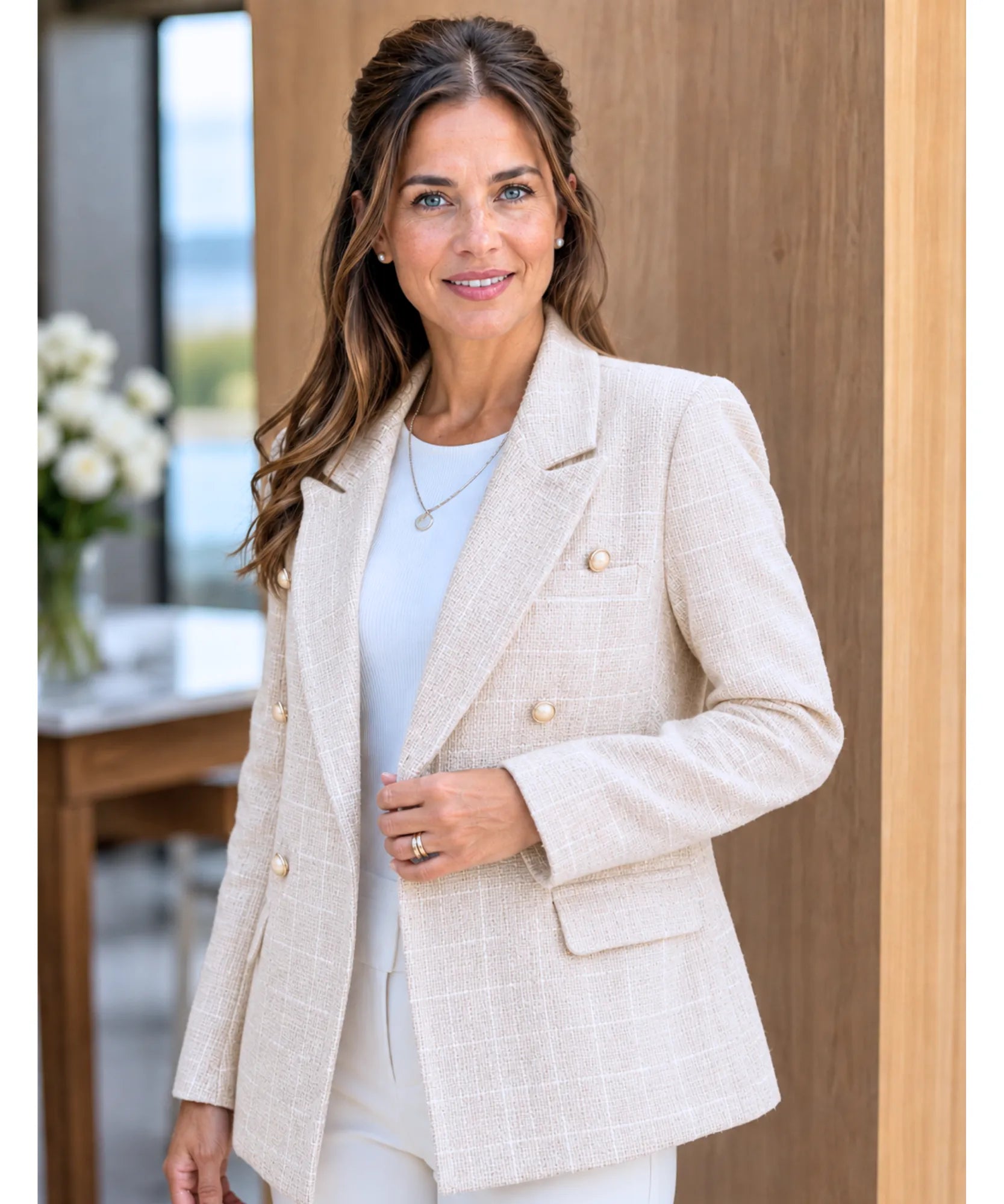 Beige double breasted tweed blazer with gold buttons, front view