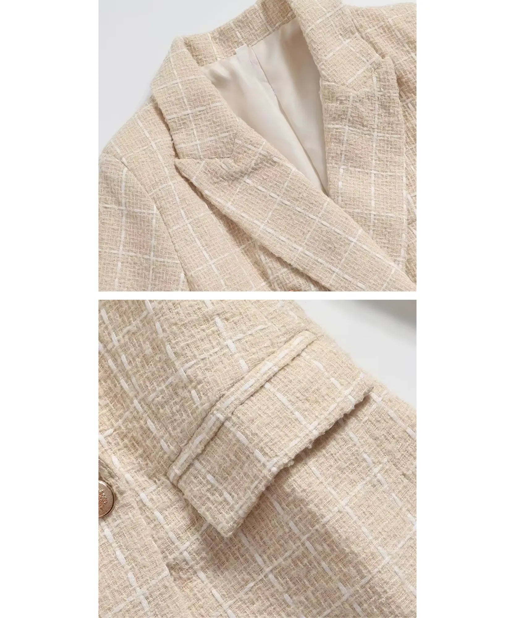 Close up of the Beige tweed texture, lapel and flap pocket