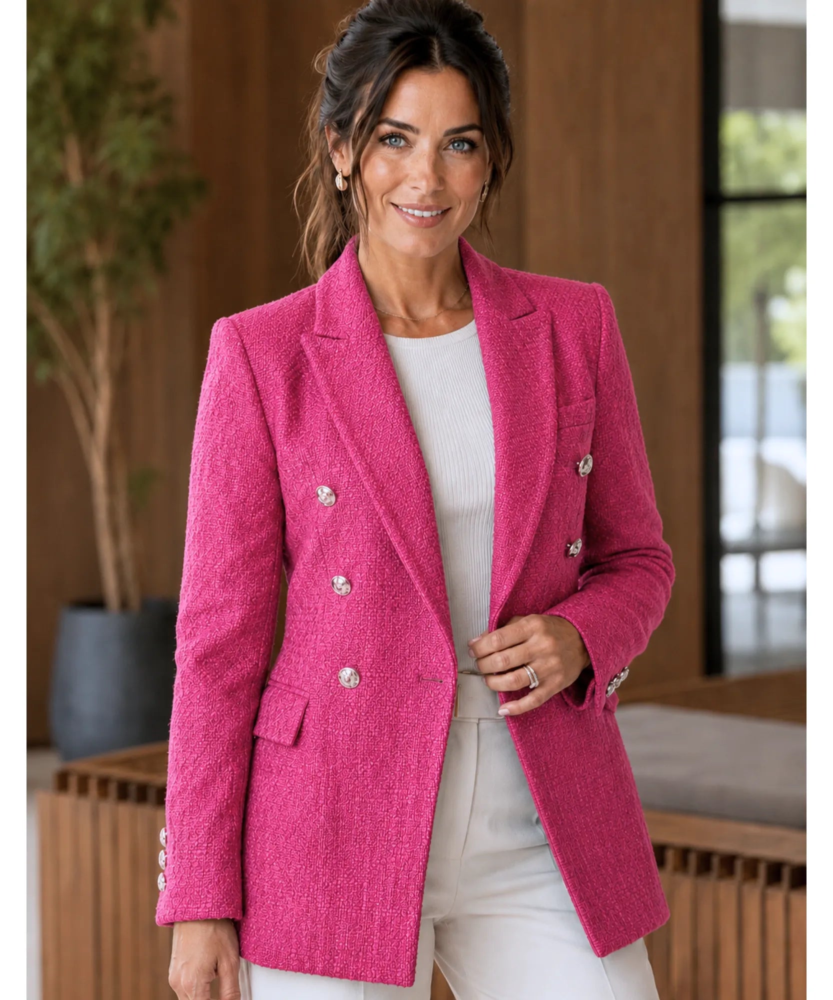 Hot Pink double breasted tweed blazer with gold buttons