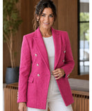 Hot Pink double breasted tweed blazer with gold buttons