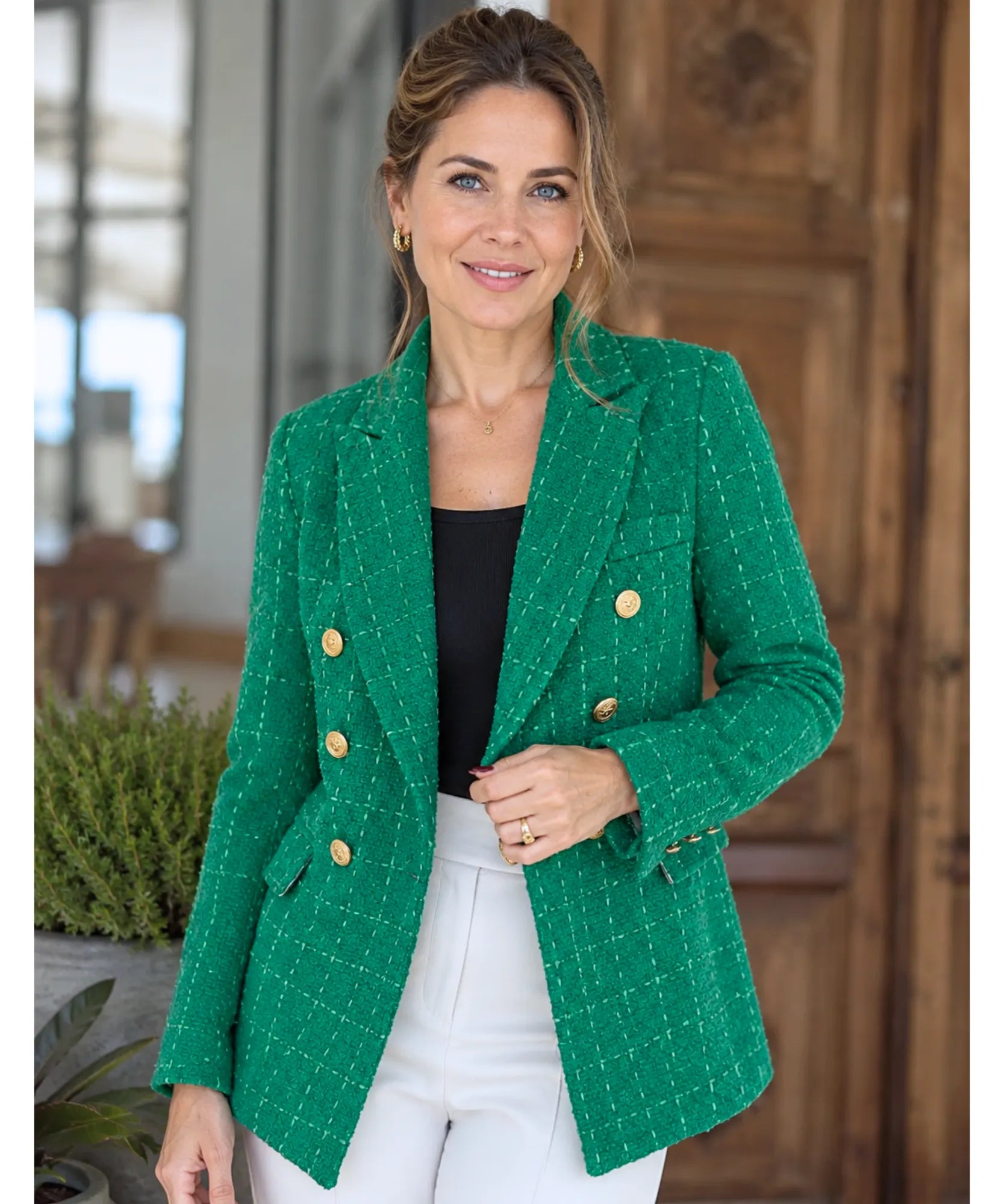 Kelly Green double breasted tweed blazer styled with white pants
