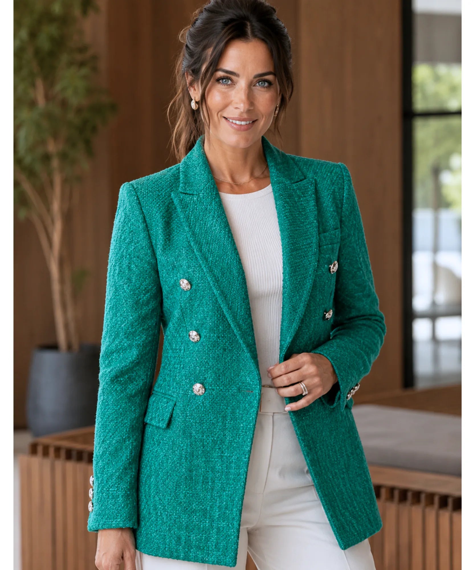Green double breasted tweed blazer with gold buttons, front view