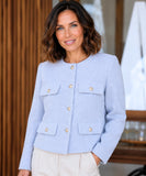 Light Blue cropped tweed blazer with gold buttons