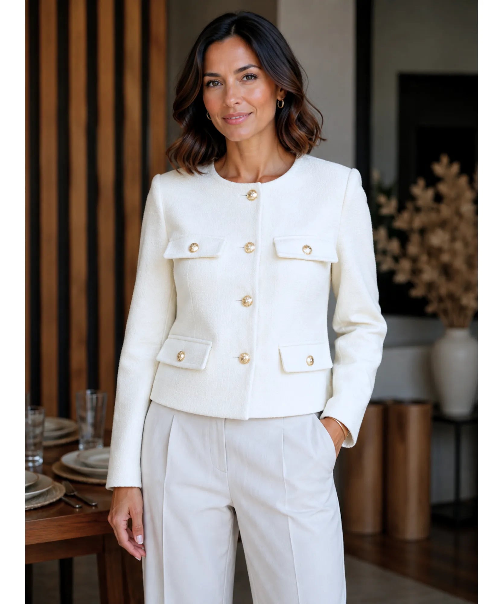 Ivory cropped tweed blazer styled with light wide leg pants
