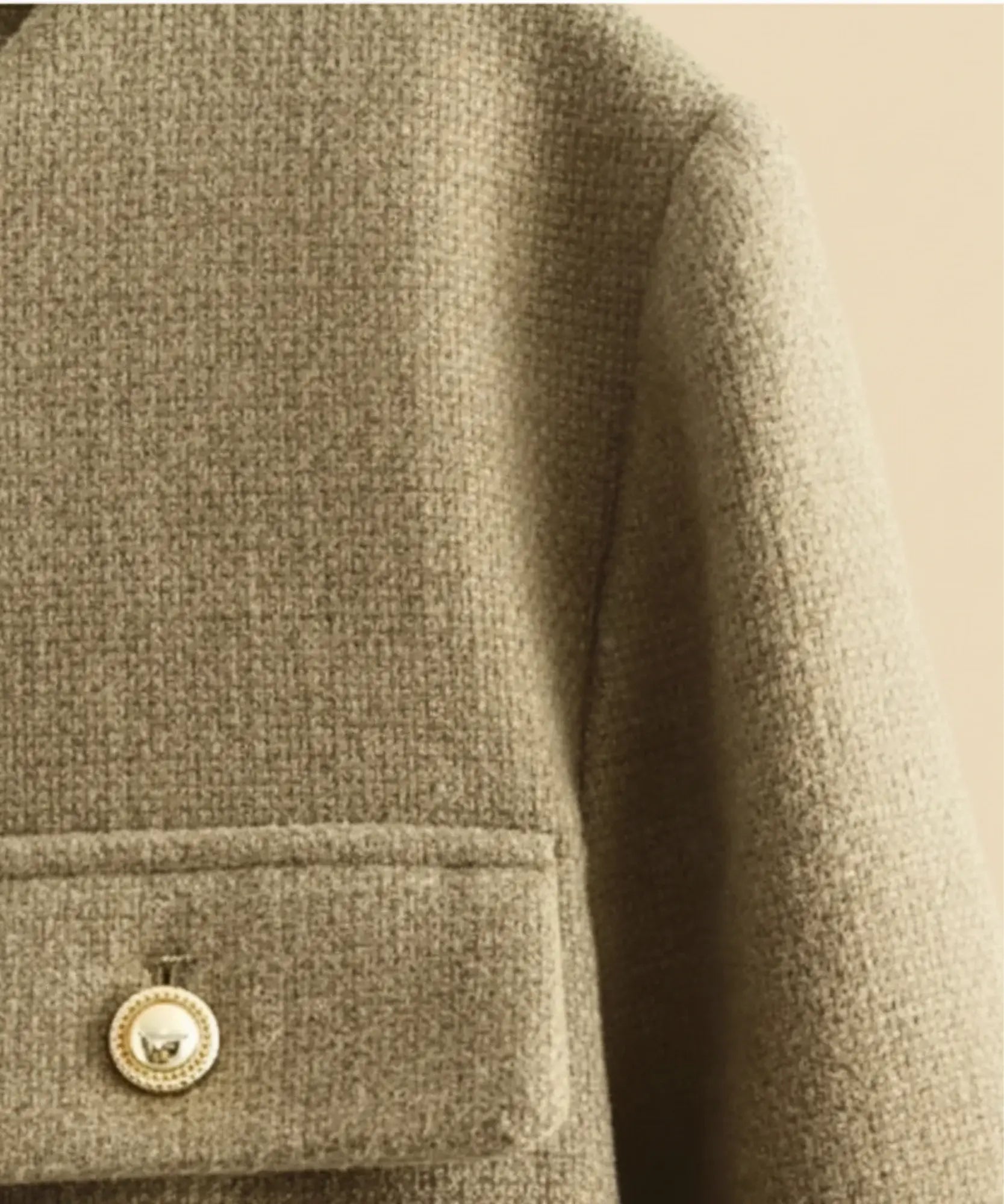 Close up of the tweed texture and gold button on the Tan blazer