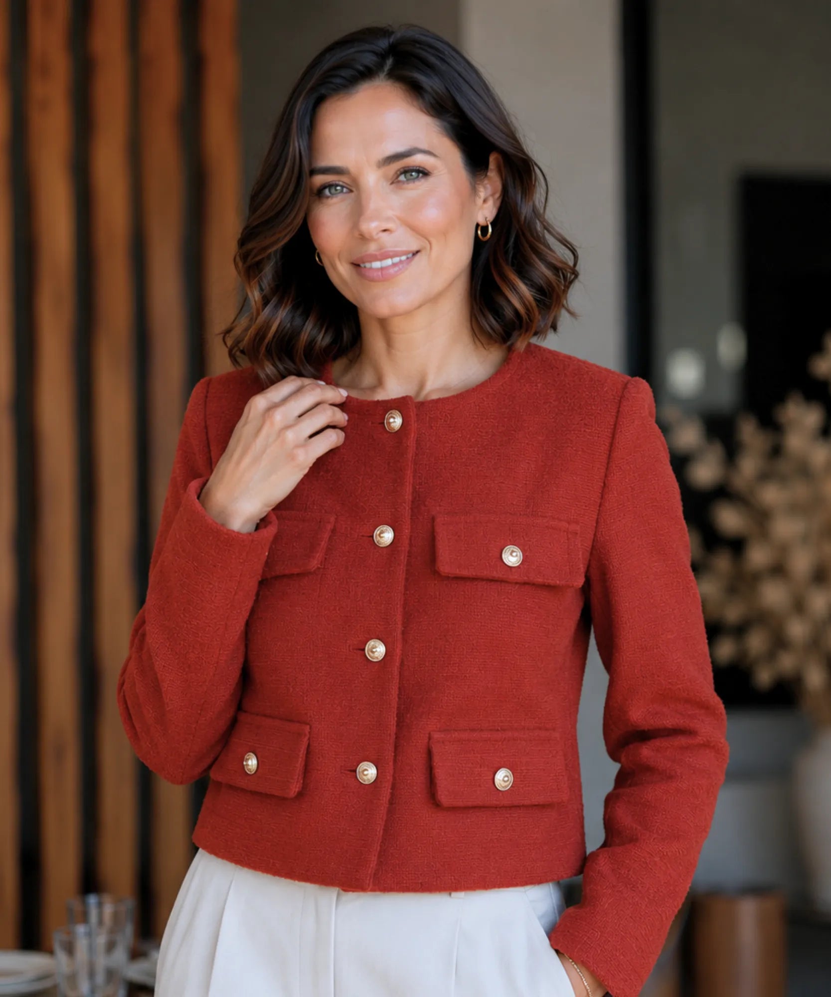 Terracotta cropped tweed blazer with gold buttons