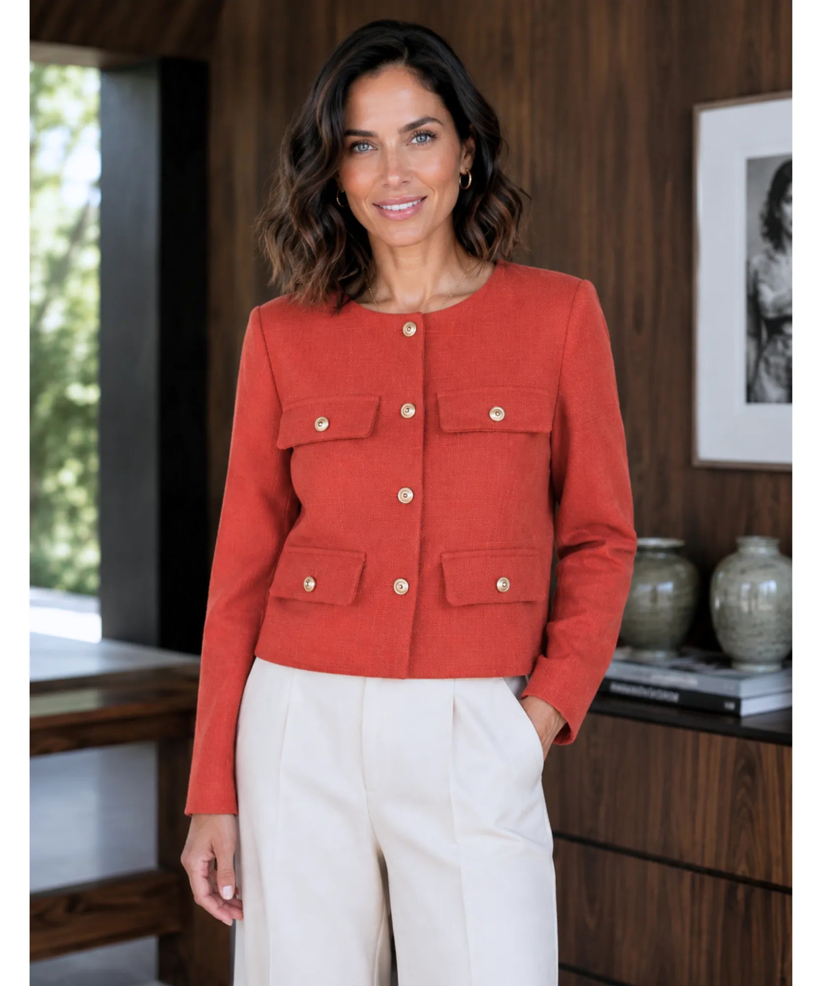 Terracotta cropped tweed blazer styled with ivory pants