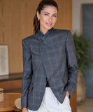 Women's asymmetrical blazer with high collar in grey plaid, front view