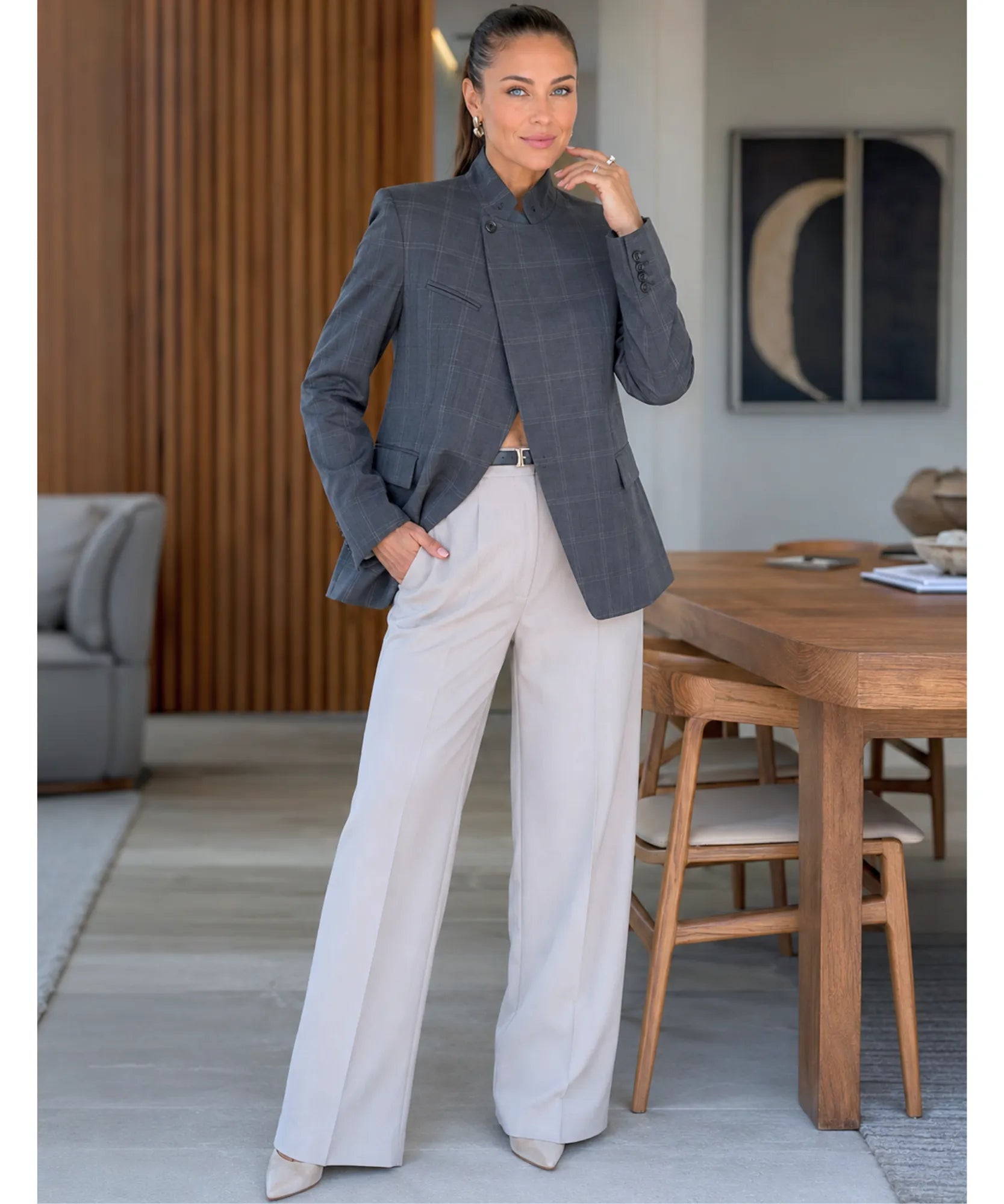 Women's grey plaid blazer full-length look with wide leg pants