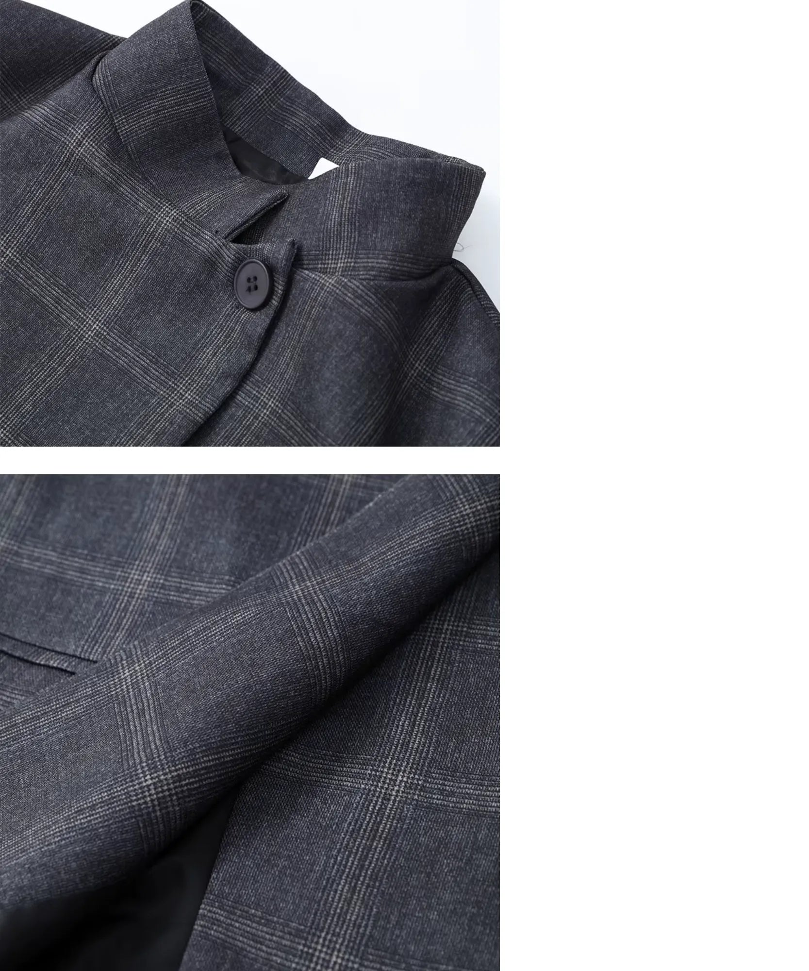 Women's grey plaid blazer collar, button and sleeve detail