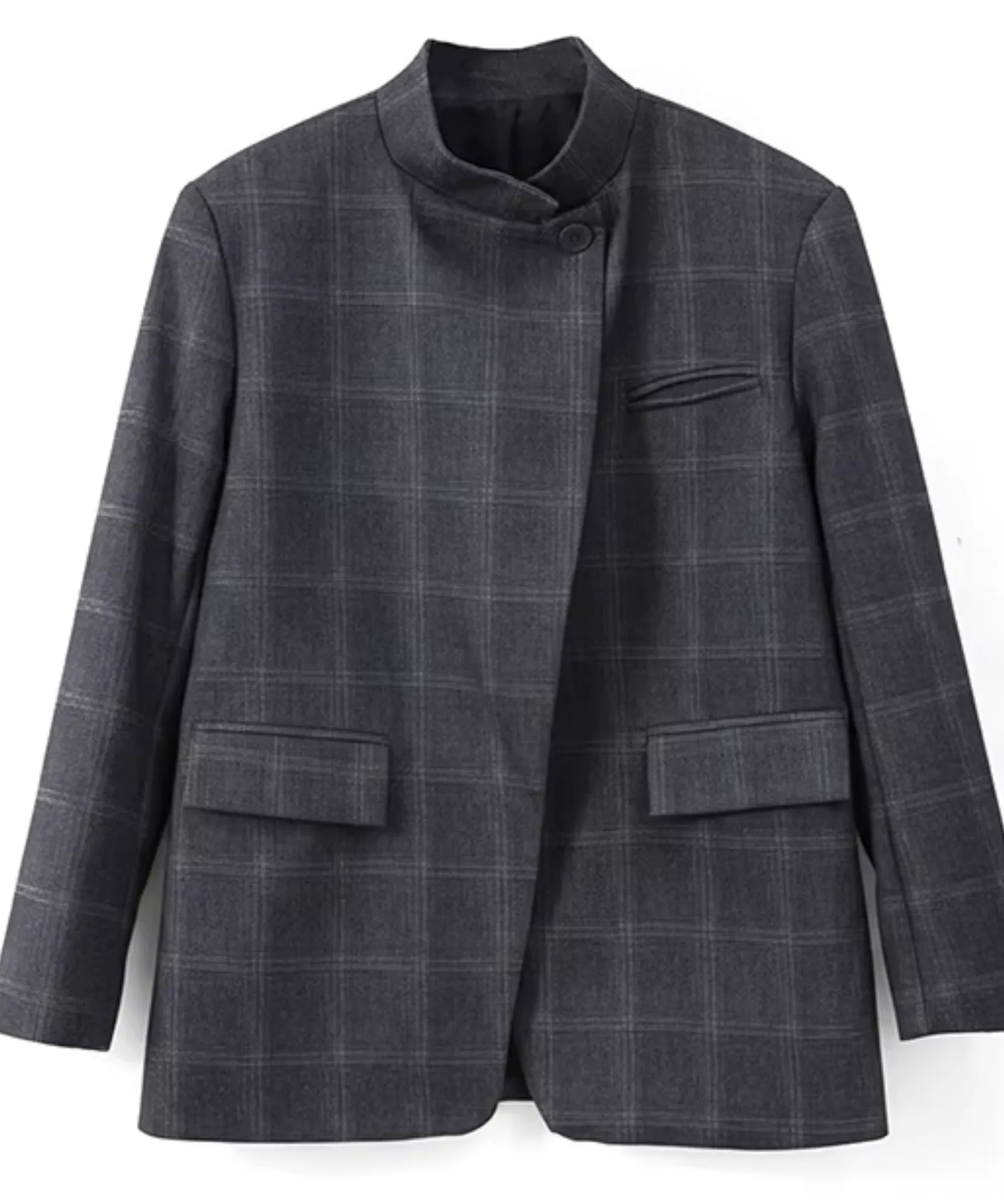Women's grey plaid asymmetrical blazer with high collar