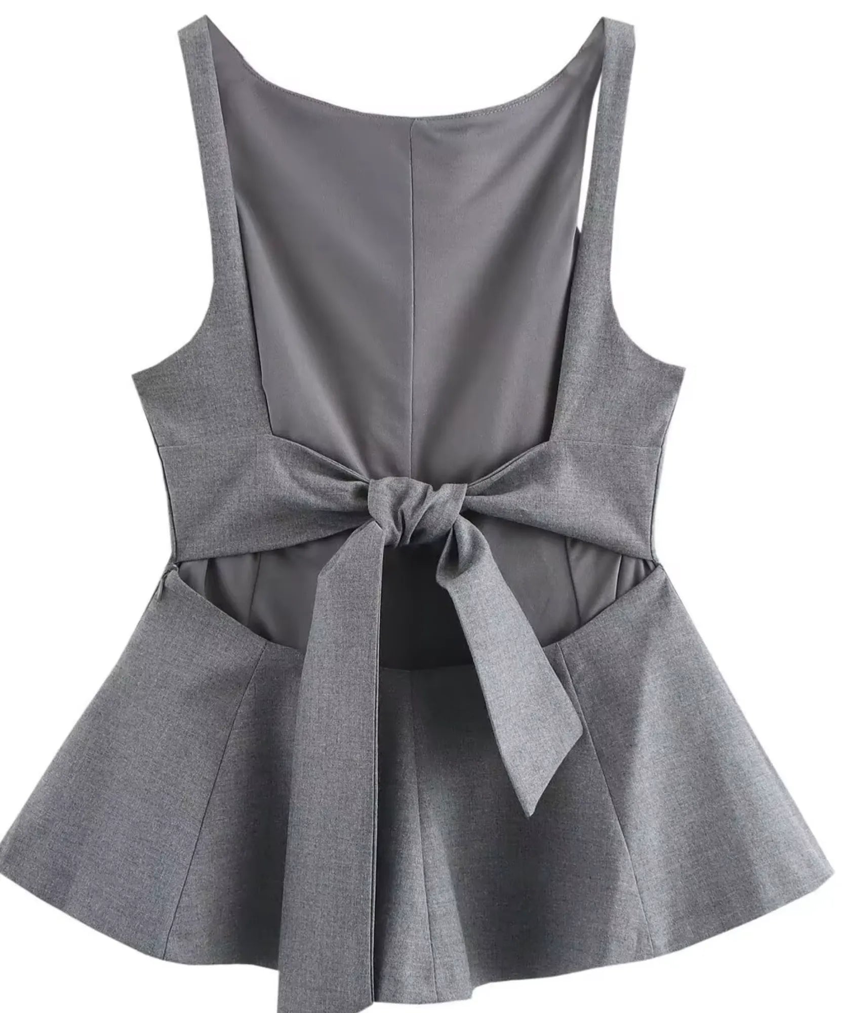 Heather gray tie back peplum top laid flat showing the bow and lined body