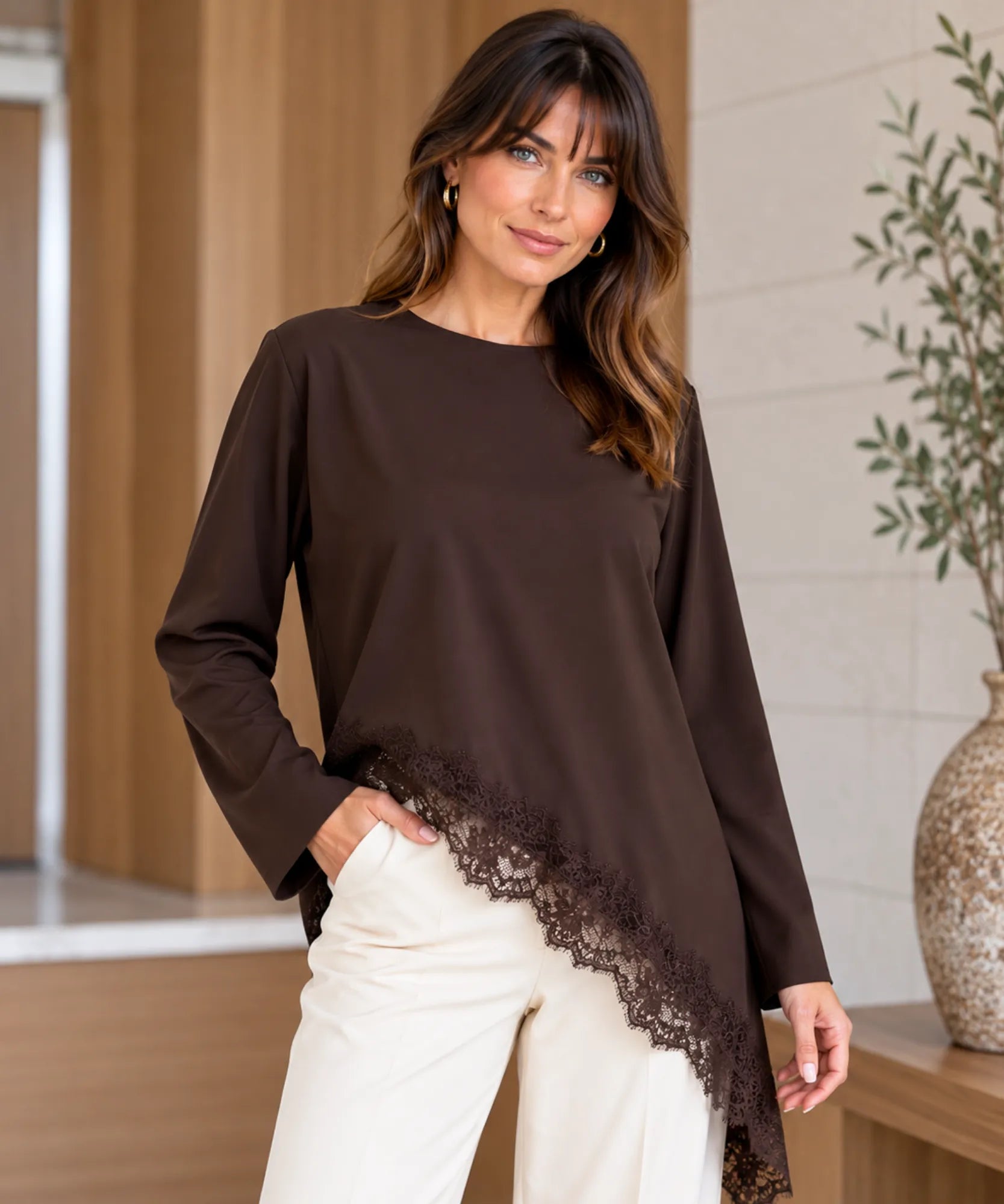 Women's asymmetrical top with lace trim in chocolate brown