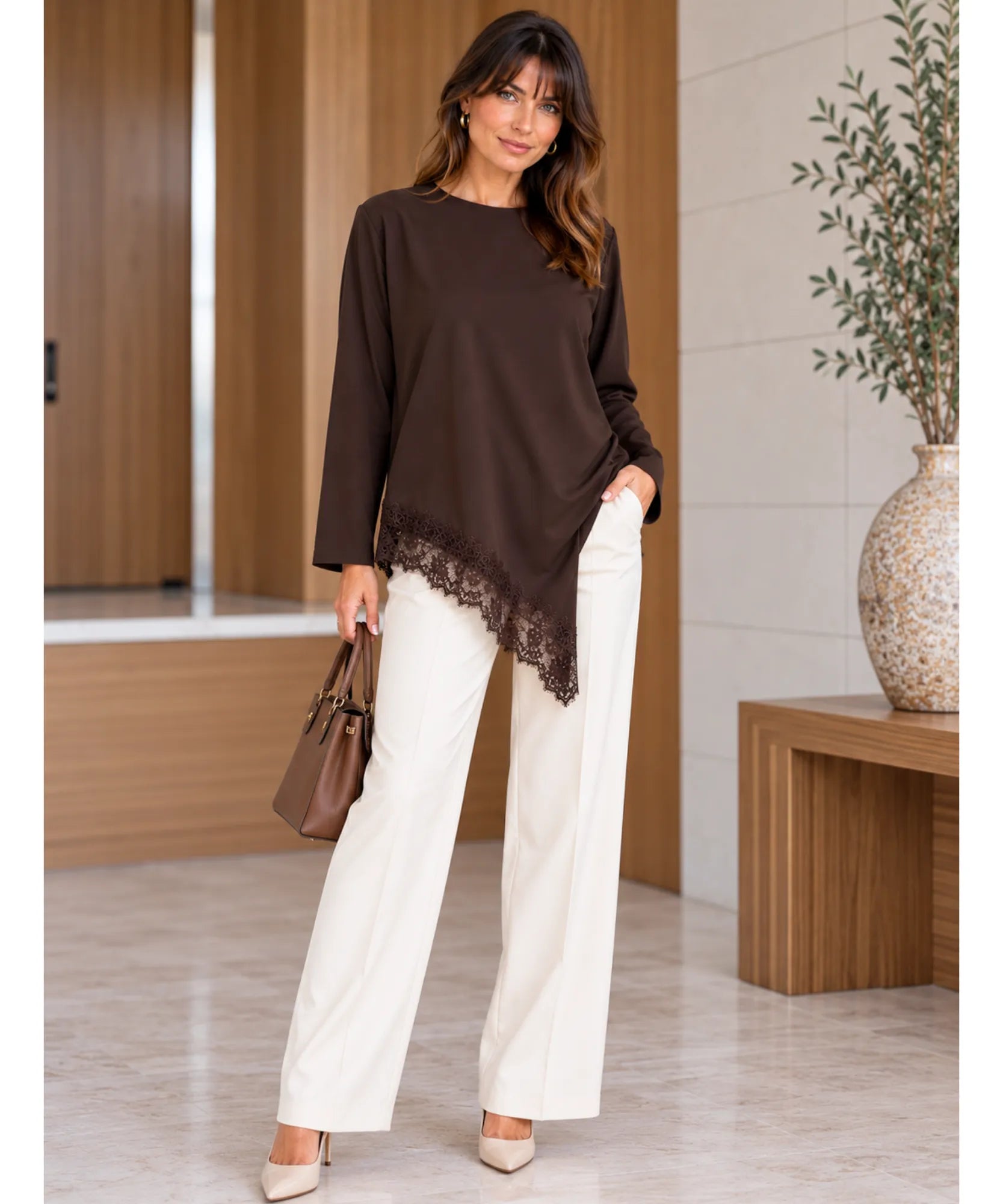 Women's asymmetrical top with lace trim in chocolate brown