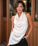 Ivory satin cowl neck halter top with asymmetrical hem, front view
