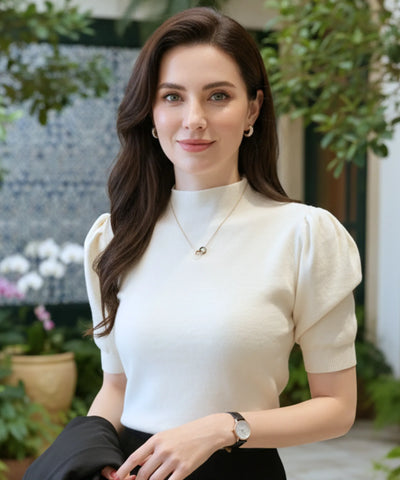 Women's Ribbed Knit High Neck Top with Puff Sleeves | Helen