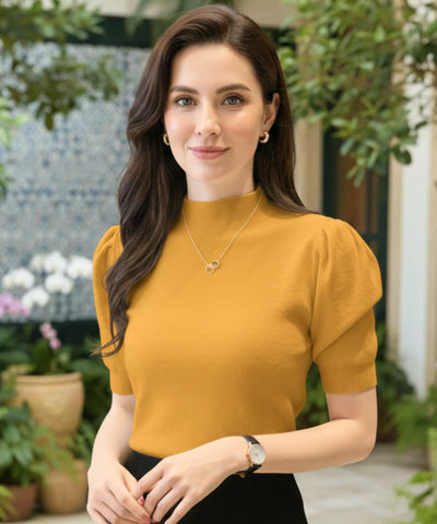 Comprar Blusa canelada feminina com manga bufante amarelo e gola alta elegante em tricô encorpado para look casual ou social barato ZARA 
