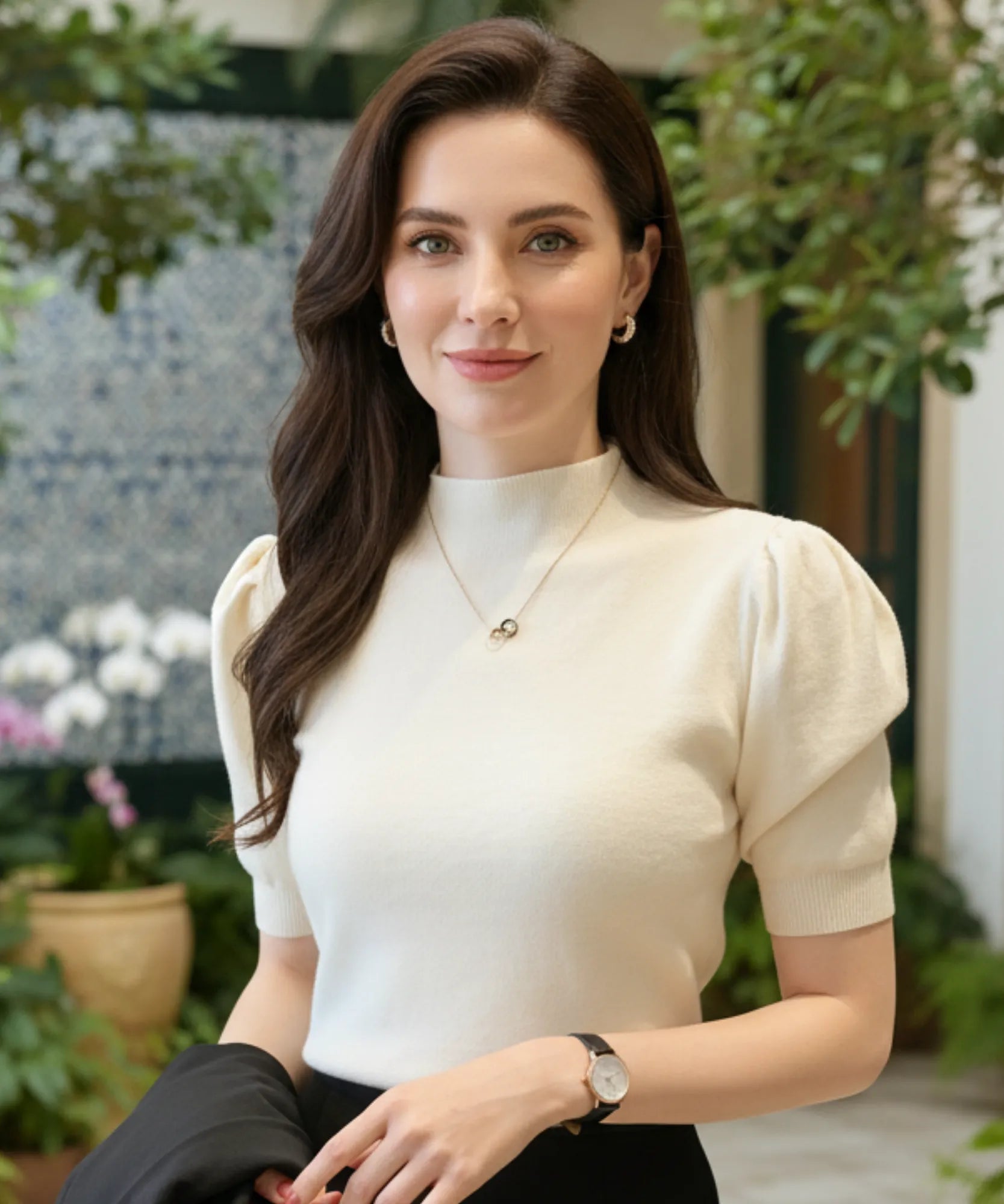 Comprar Blusa canelada feminina com manga bufante e gola alta elegante em tricô encorpado para look casual ou social barato ZARA 
