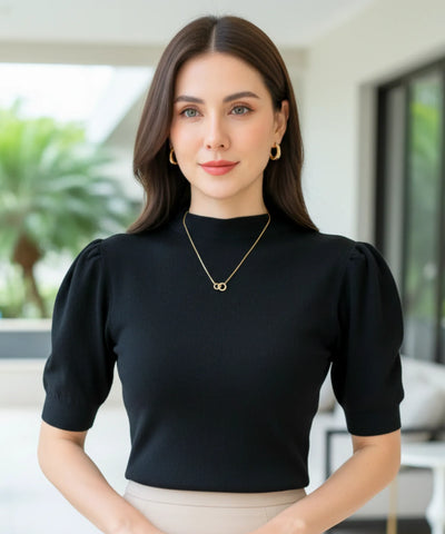 Comprar Blusa canelada feminina com manga bufante preto e gola alta elegante em tricô encorpado para look casual ou social barato ZARA 
