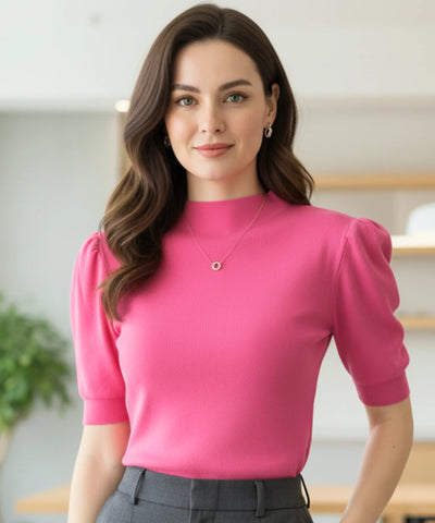 Women's Ribbed Knit High Neck Top with Puff Sleeves | Helen