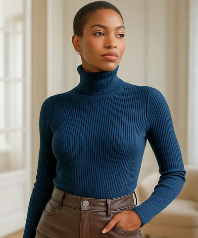 Comprar Blusa canelada feminina azul marinho de tricot com gola alta para inverno elegante em promoção ANELLIMN
