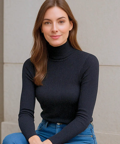 Comprar Blusa canelada feminina preto de tricot com gola alta para inverno elegante em promoção ANELLIMN
