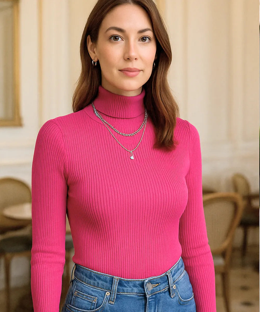 Comprar Blusa canelada feminina rosa de tricot com gola alta para inverno elegante em promoção ANELLIMN

