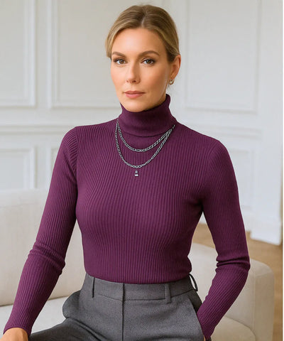 Comprar Blusa canelada feminina roxo de tricot com gola alta para inverno elegante em promoção ANELLIMN
