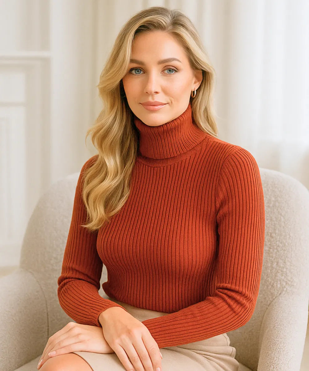 Comprar Blusa canelada feminina terracota de tricot com gola alta para inverno elegante em promoção ANELLIMN
