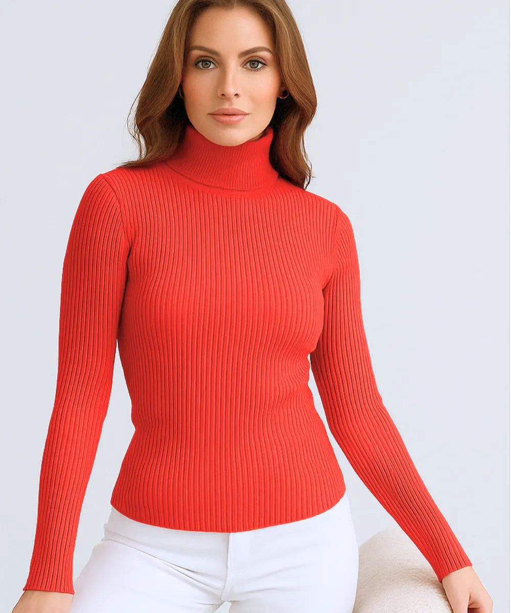Comprar Blusa canelada feminina vermelho de tricot com gola alta para inverno elegante em promoção ANELLIMN
