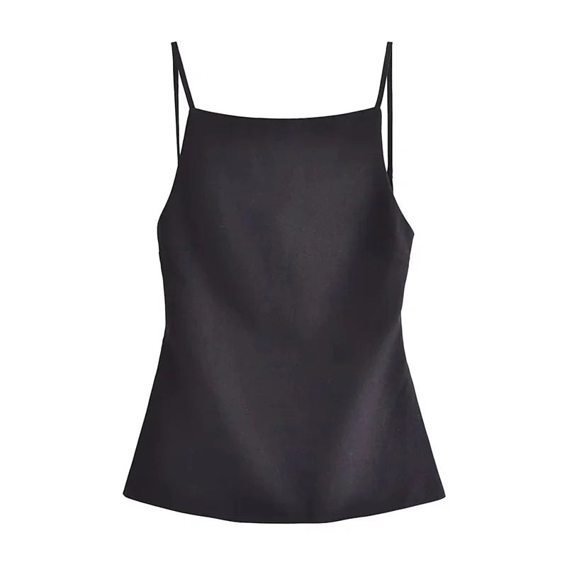 Flat lay of black square neck top with thin straps